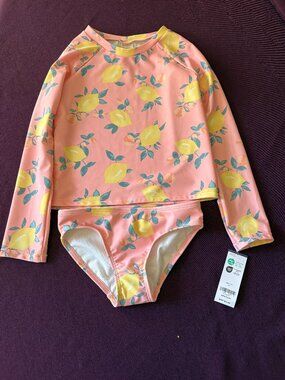 NWT OshKosh B'gosh Girls Lemon Rash Guard Swimsuit Set Pink Yellow UPF Size 6-6X